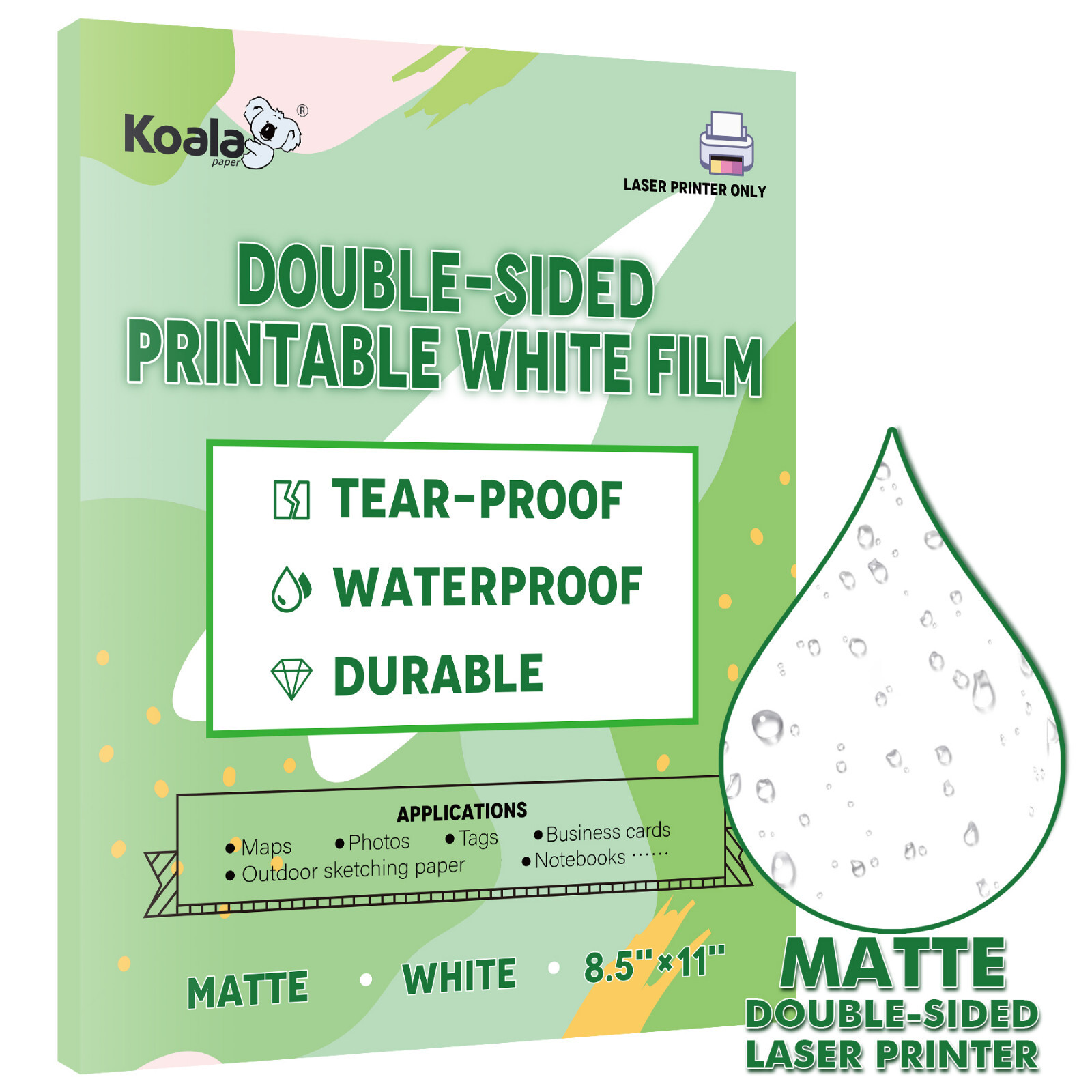 Koala Double Sided Printable Waterproof Printer Paper for Laser 8.5×11 Print Map