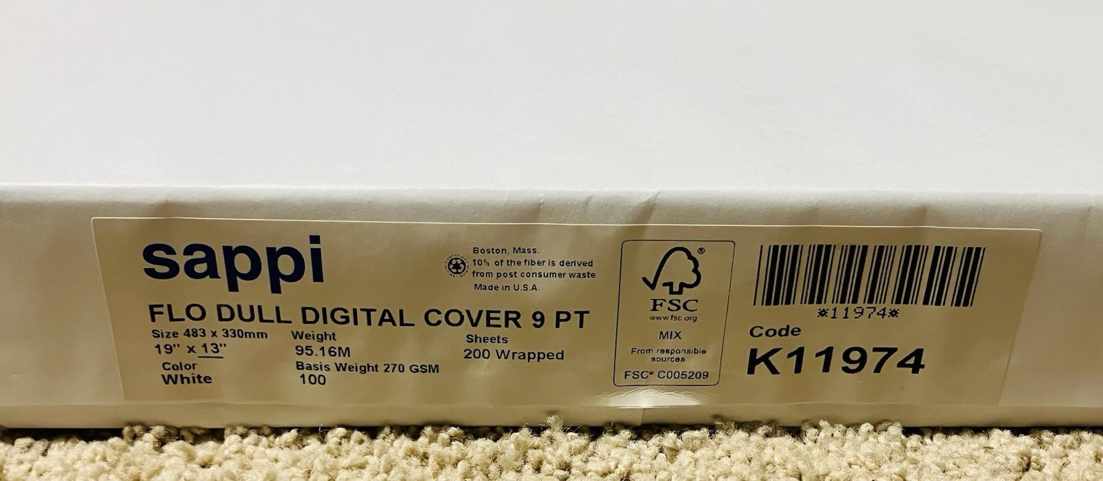 Sappi FLO DULL Digital Cover 9 Pt Paper White 19″ x 13″ Case of 200 K11974