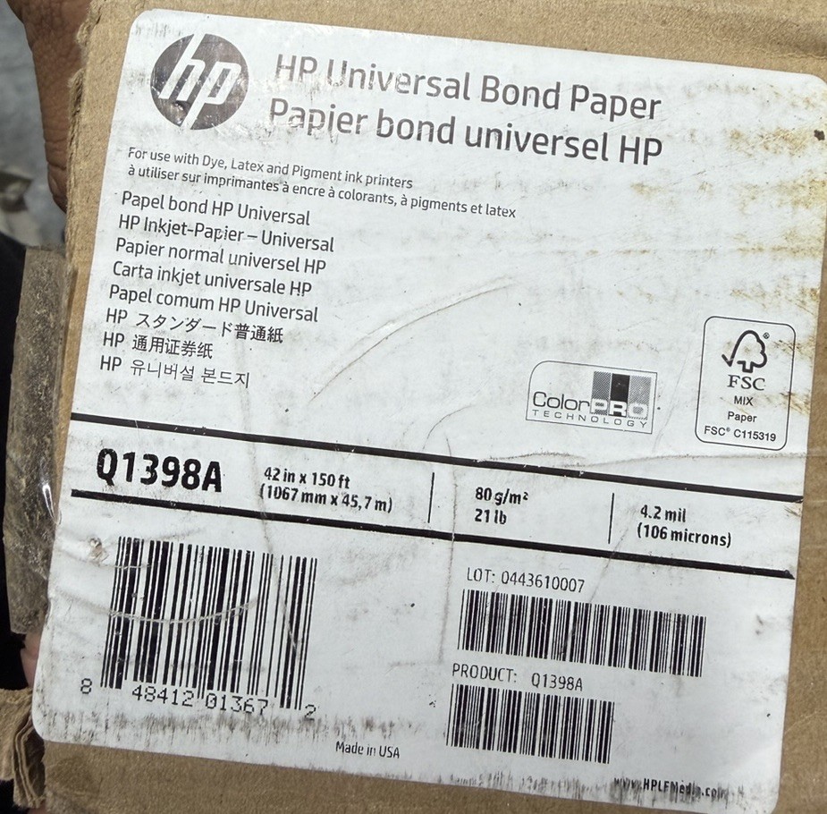 HP C6567B DesignJet 42″ x 150′ Large Format Inkjet Paper – Coated Wht (1-RL) New