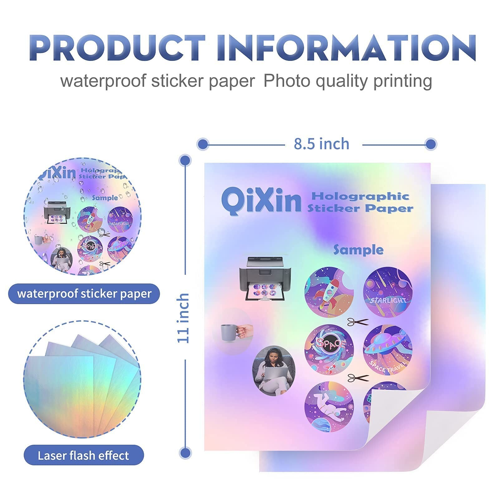 QiXin 50 Sheets Holographic Sticker Paper 8.5 x11 inch for Inkjet Printer & L…