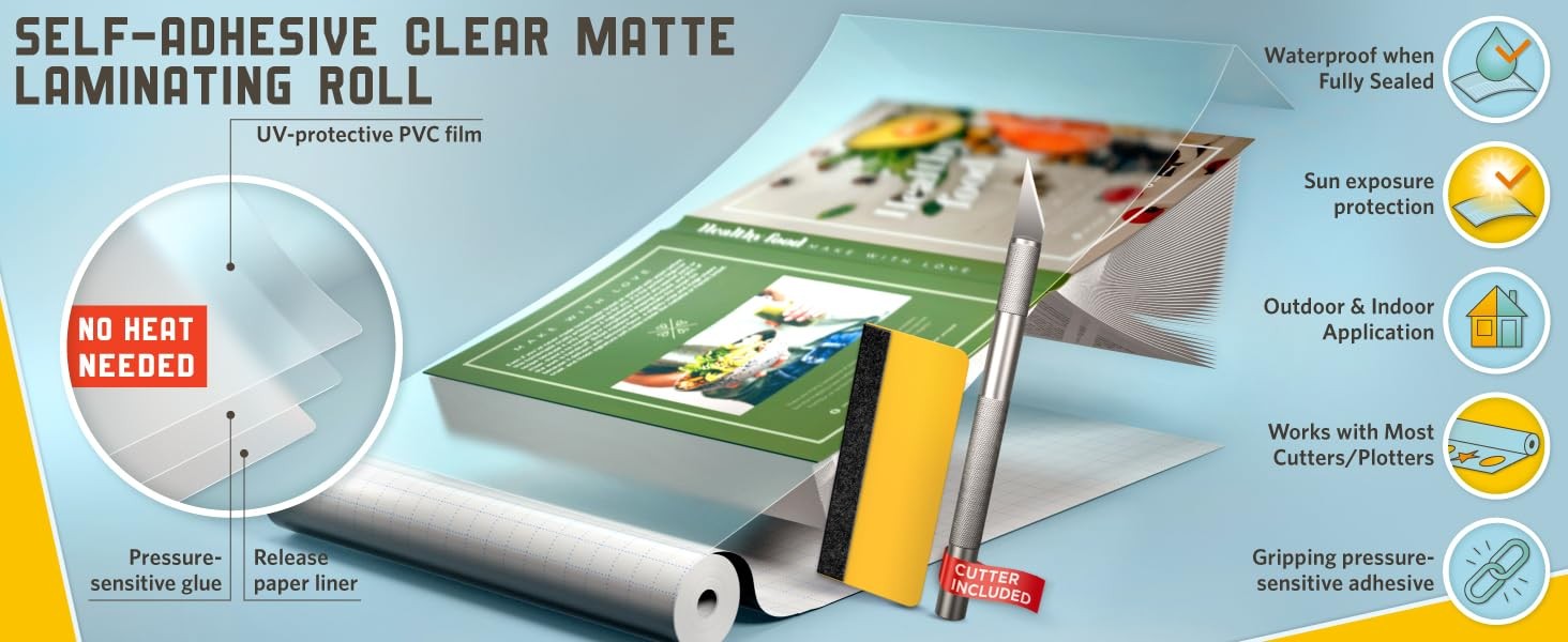 Matte Laminate Roll 12” x 30ft – Self Adhesive Laminating Film 3 MIL Roll
