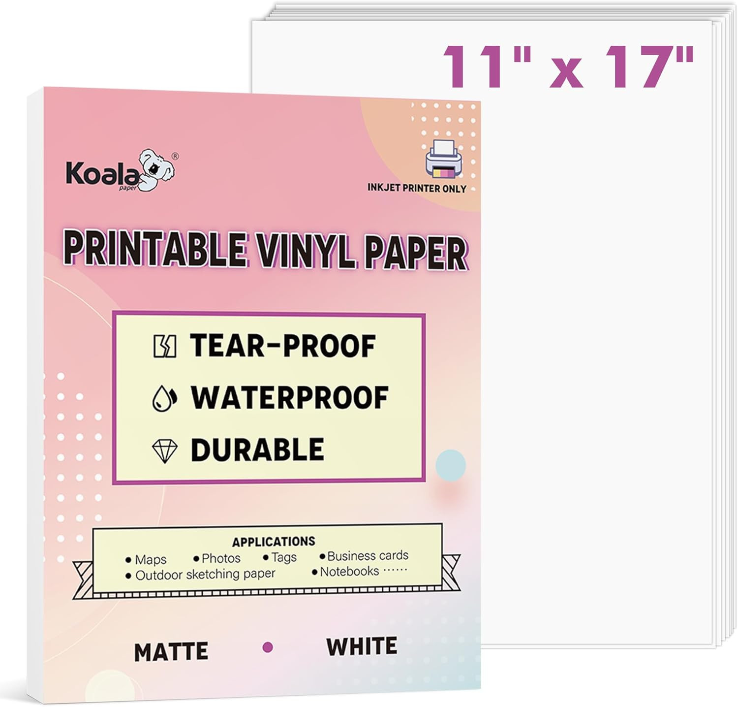 30 Sheets 11X17 Printable Waterproof Inkjet Paper Matte White Durable Vinyl