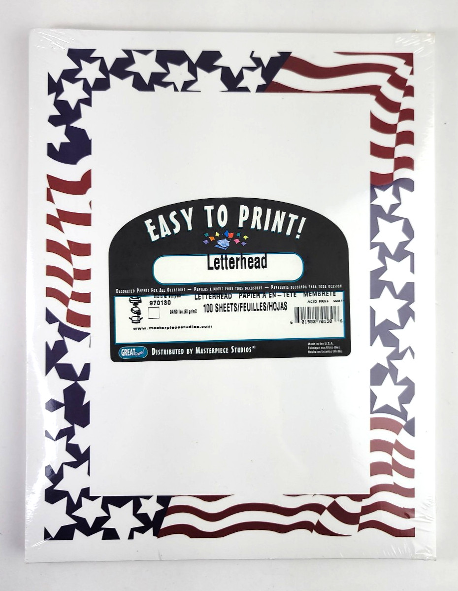 100 Sheets Patriotic Letterhead Printer Paper Stars & Stripes 8.5×11 24/60LB
