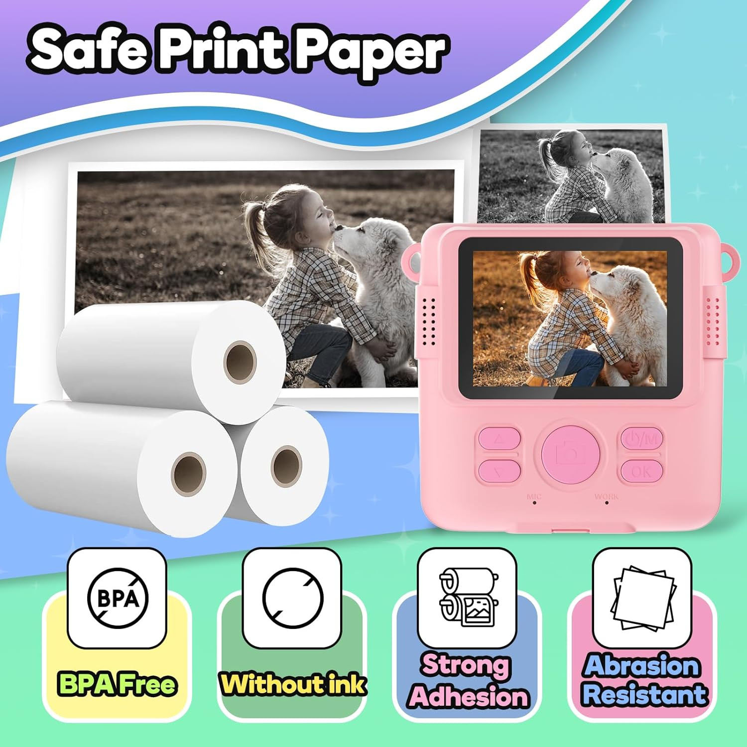 Printer Paper,6 Rolls for Kids Instant Print Camera,Hd Printing Thermal Print Pa