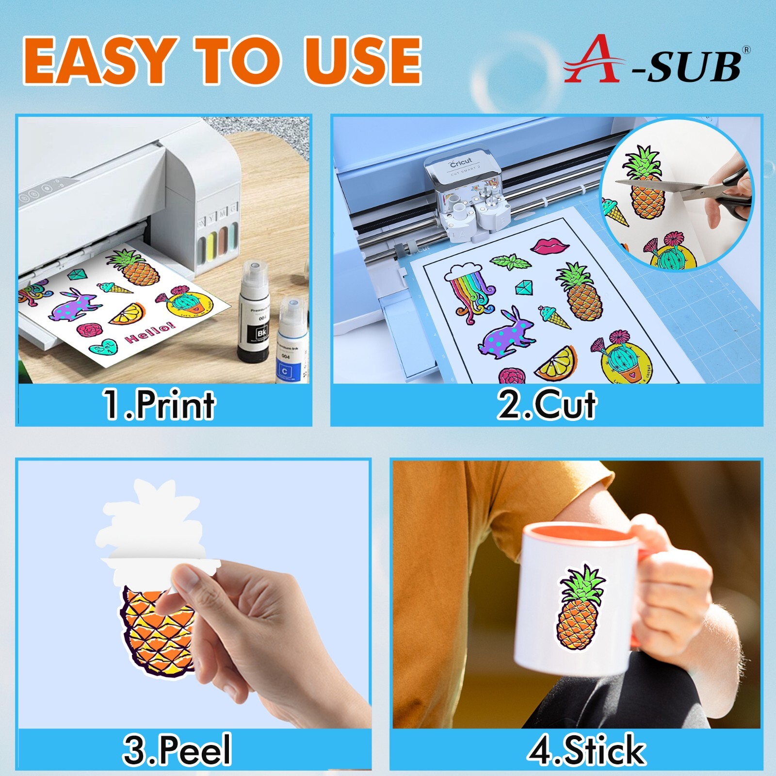 A-SUB Printable Vinyl Sticker Paper Glossy White Waterproof Sticker Sheets 50PK