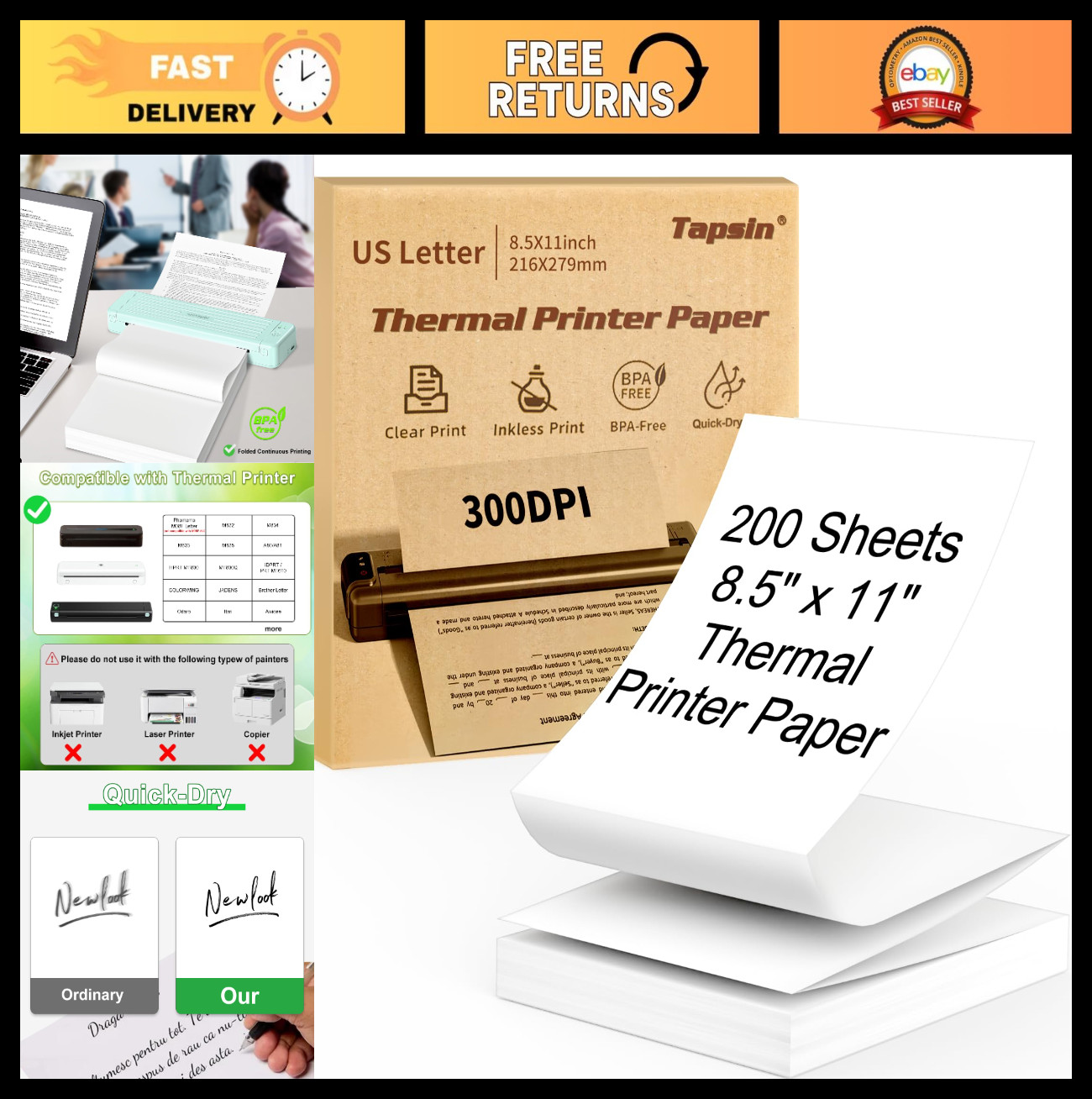 8.5×11 Thermal Printer Paper – Quick-Dry US Letter, Perforated, 200 Sheets