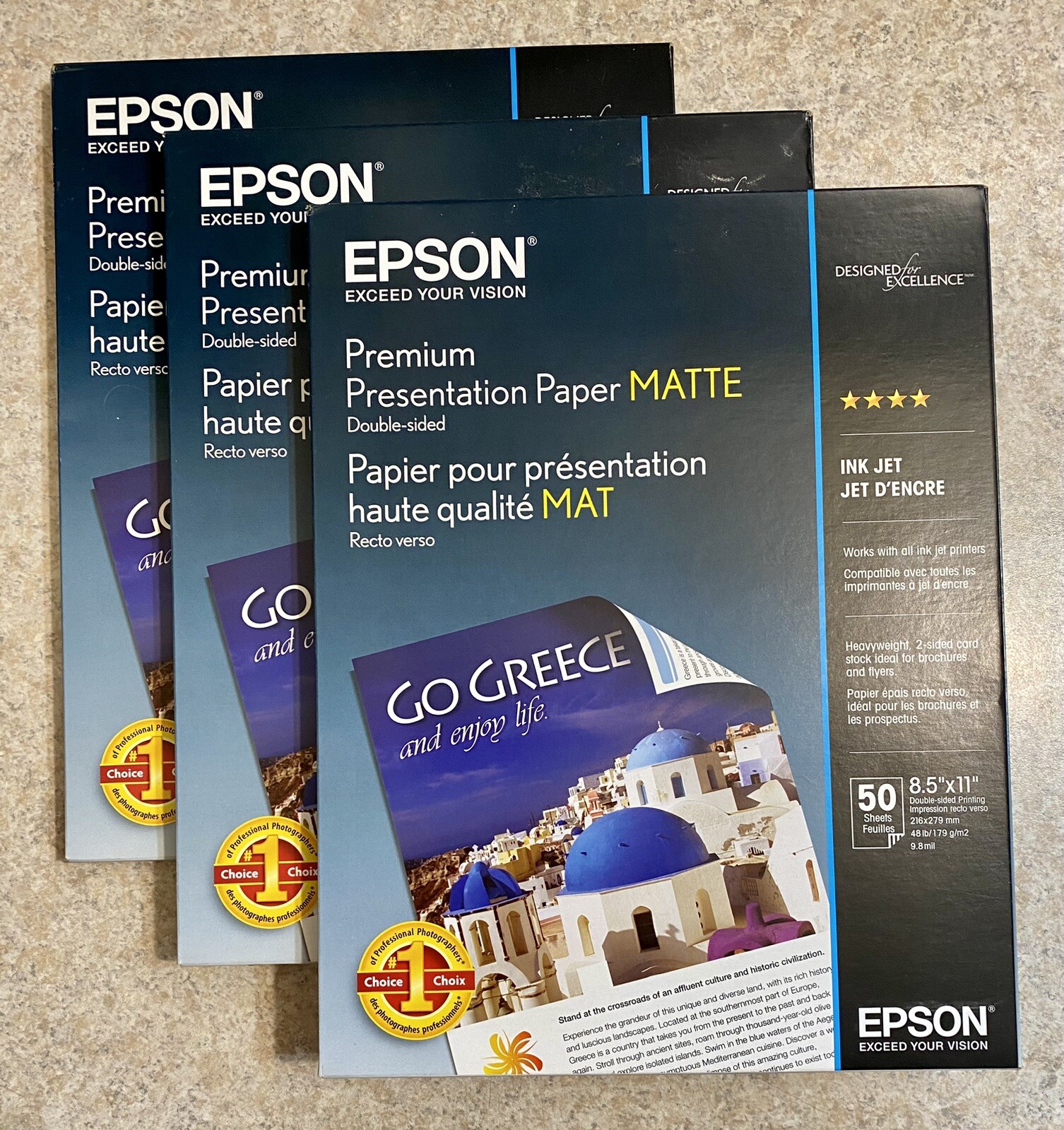 (3) Epson Premium Presentation Paper Matte Double Sided 50 Sheets Bright White
