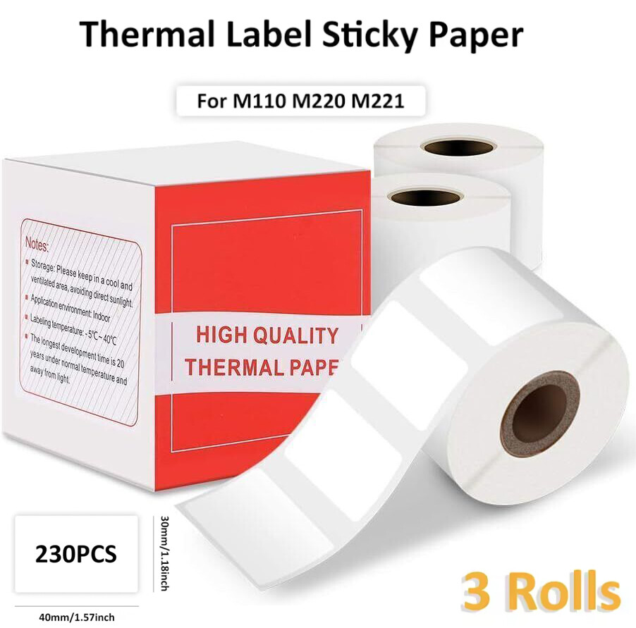 3 Rolls Phomemo M110/M200 Self-Adhesive Labels Sticker Thermal Paper 40x30mm