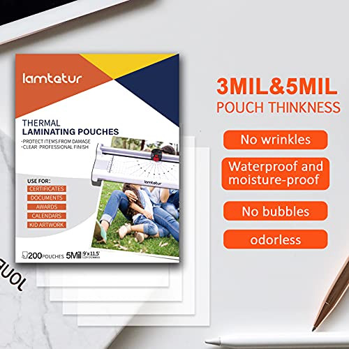 Thermal Laminating Pouches 9″x11.5″ Inches, 5mil 200Pack Laminate Films, Clear