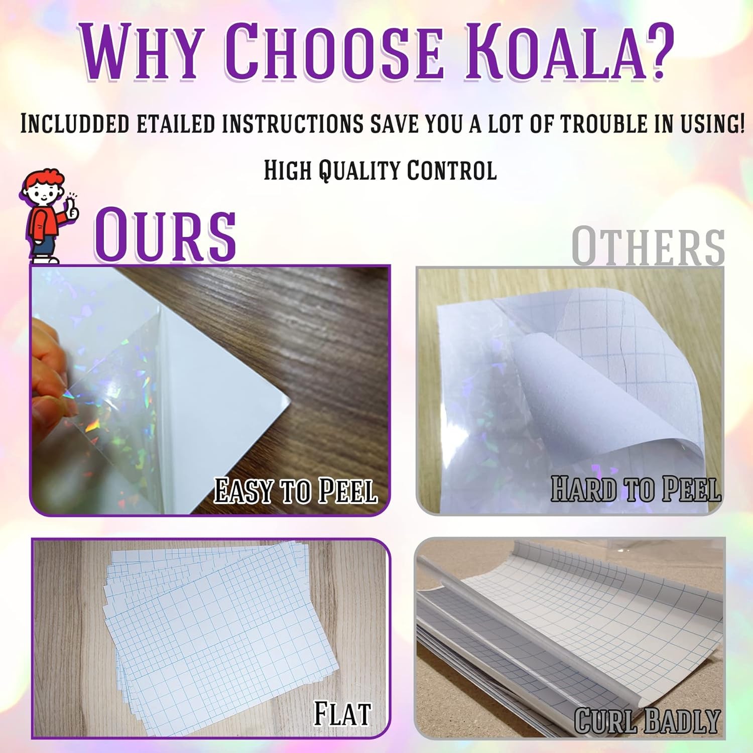 Koala Holographic Laminate Sheets A4 – Clear Self-Adhesive Sticker Paper, 25