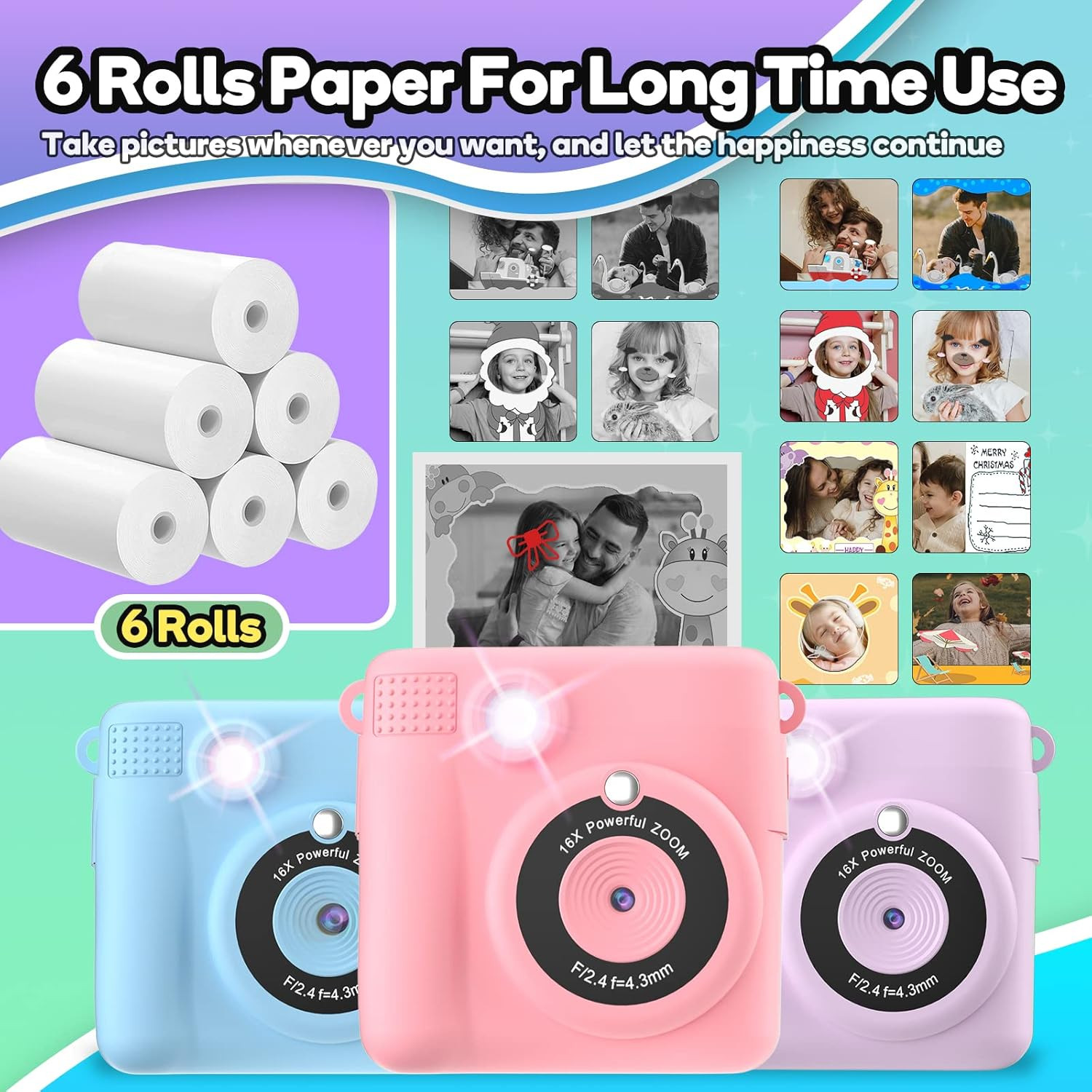 Printer Paper,6 Rolls for Kids Instant Print Camera,Hd Printing Thermal Print Pa