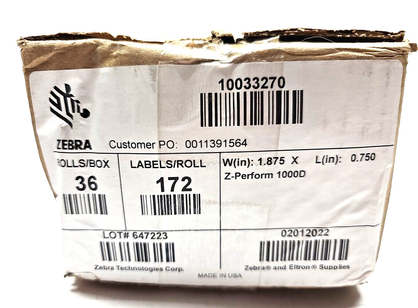 Zebra 36 Rolls 1.875″ W x 0.750″ L Z-Perform 1000D, 10033270