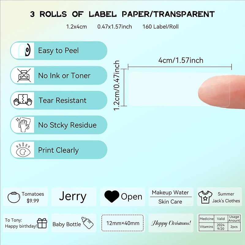 1/2” Transparent Thermal Sticker Tape Roll Adhesive Name Jar Clear Label D30