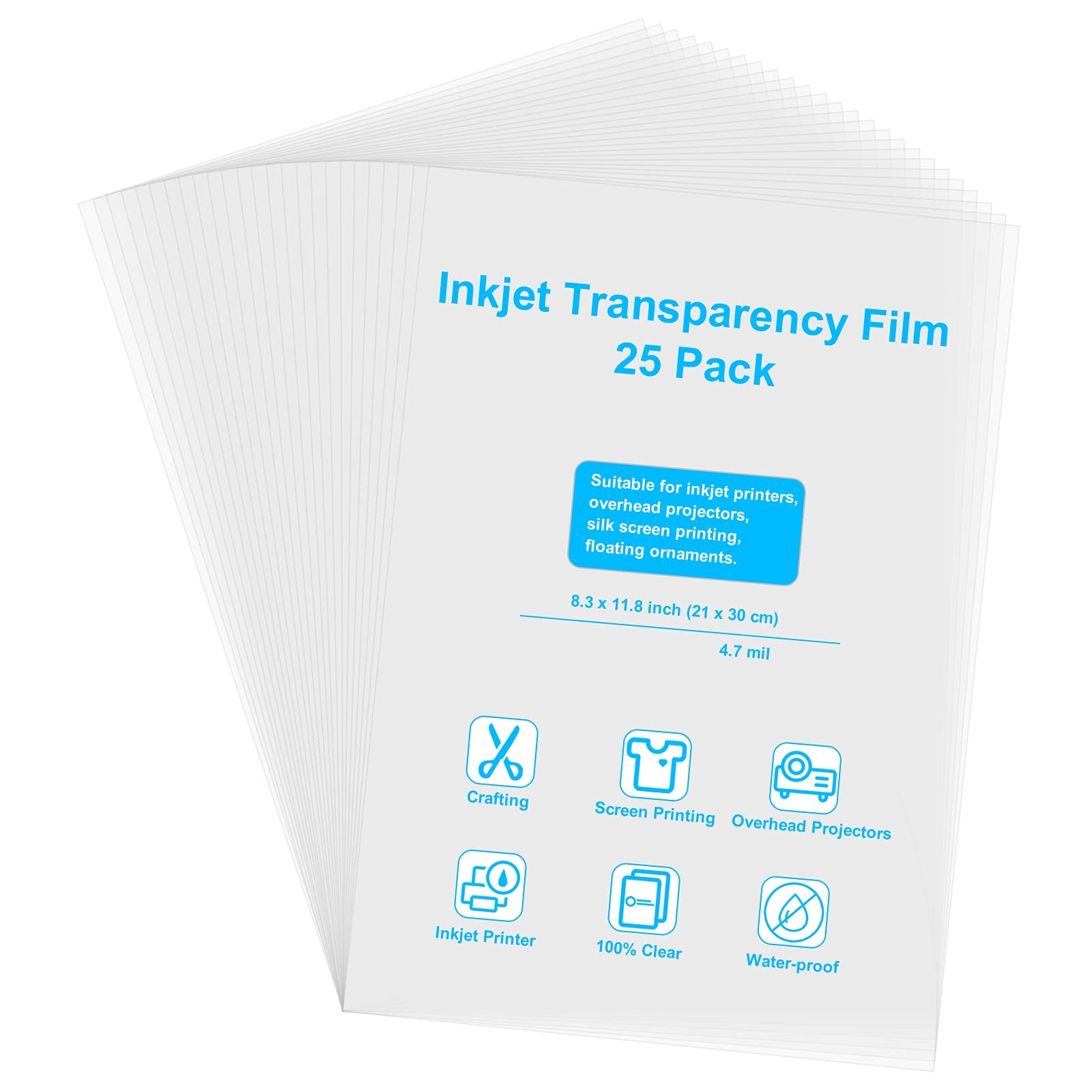 25 Pack Printable Clear Transparency Sheets Inkjet Transparency Film Sheets