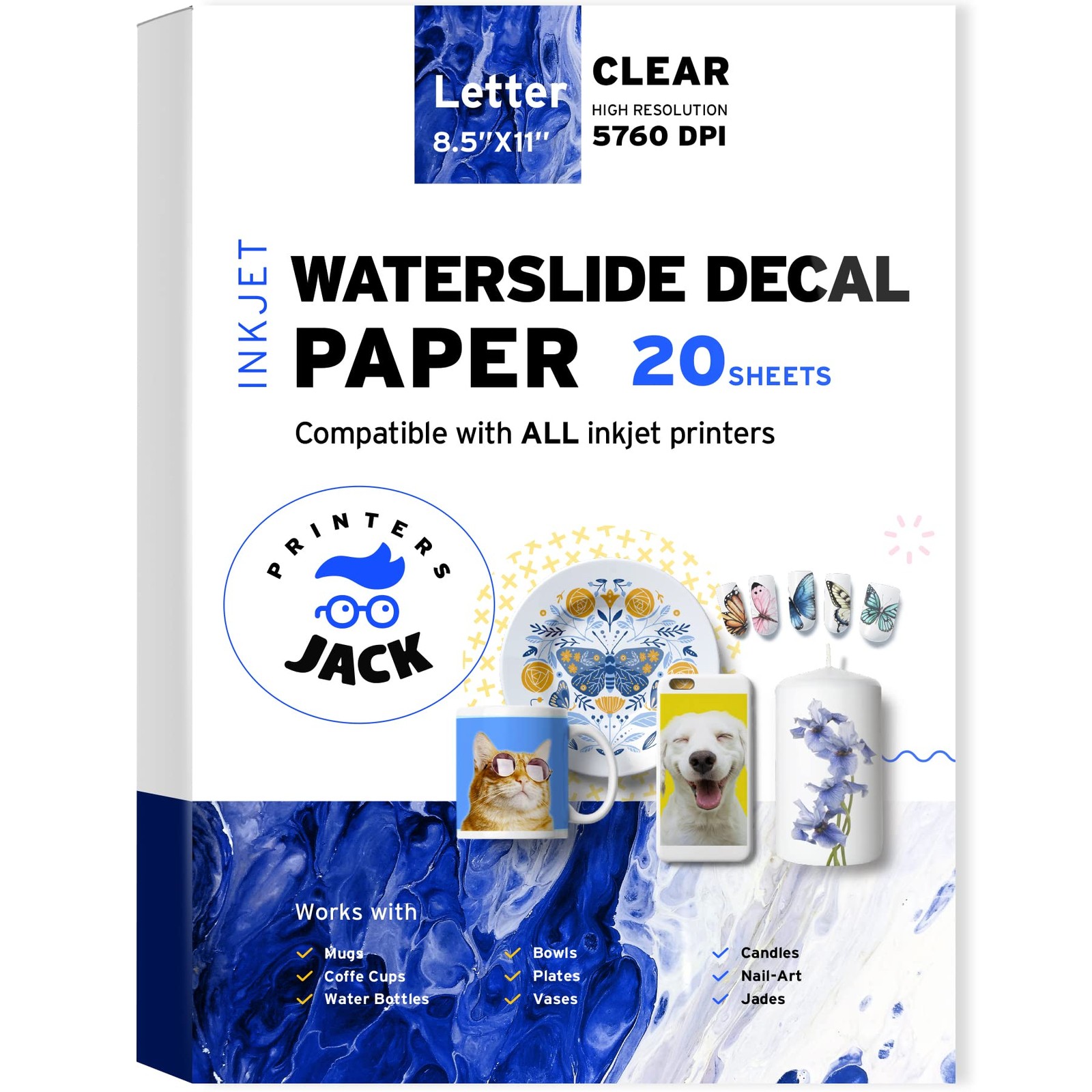 20 Sheets 8.5 x 11 inches Waterslide Decal Paper, Printers Jack Water Slide D…