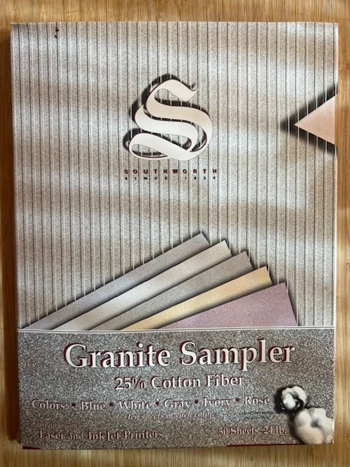Southworth Paper Granite Sampler, 25% Cotton 50pp, Blue White Gray Ivory Rose