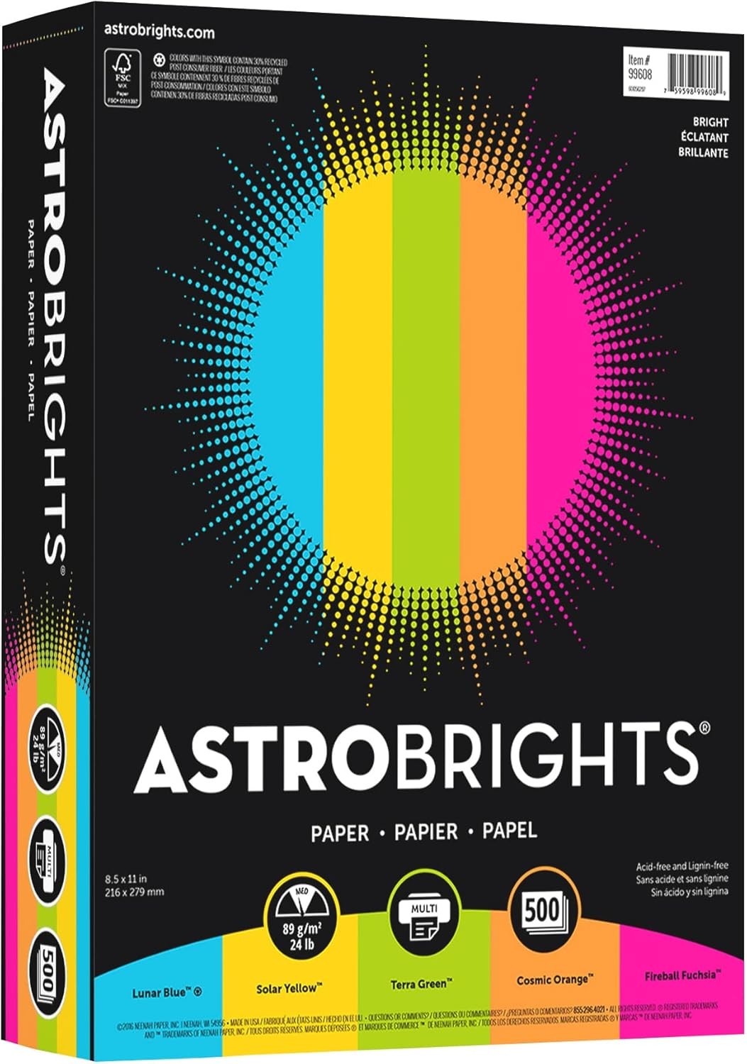 Astrobrights® Bright Color Paper, Letter Size Paper, 24 lb, Assorted Colors, 500