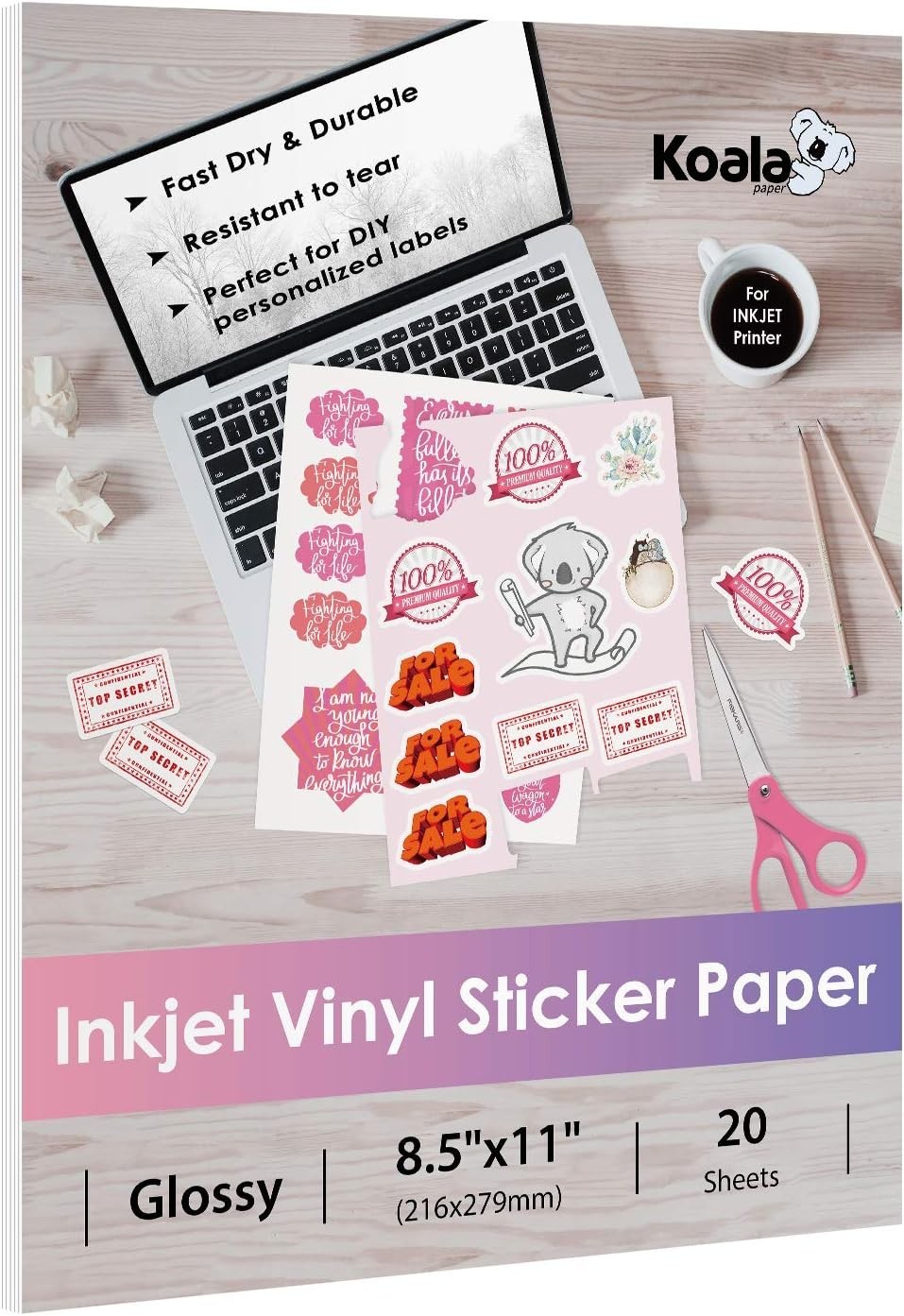 Koala Printable Vinyl Sticker Paper for Inkjet Printers – 20 Sheets Glossy Wh…