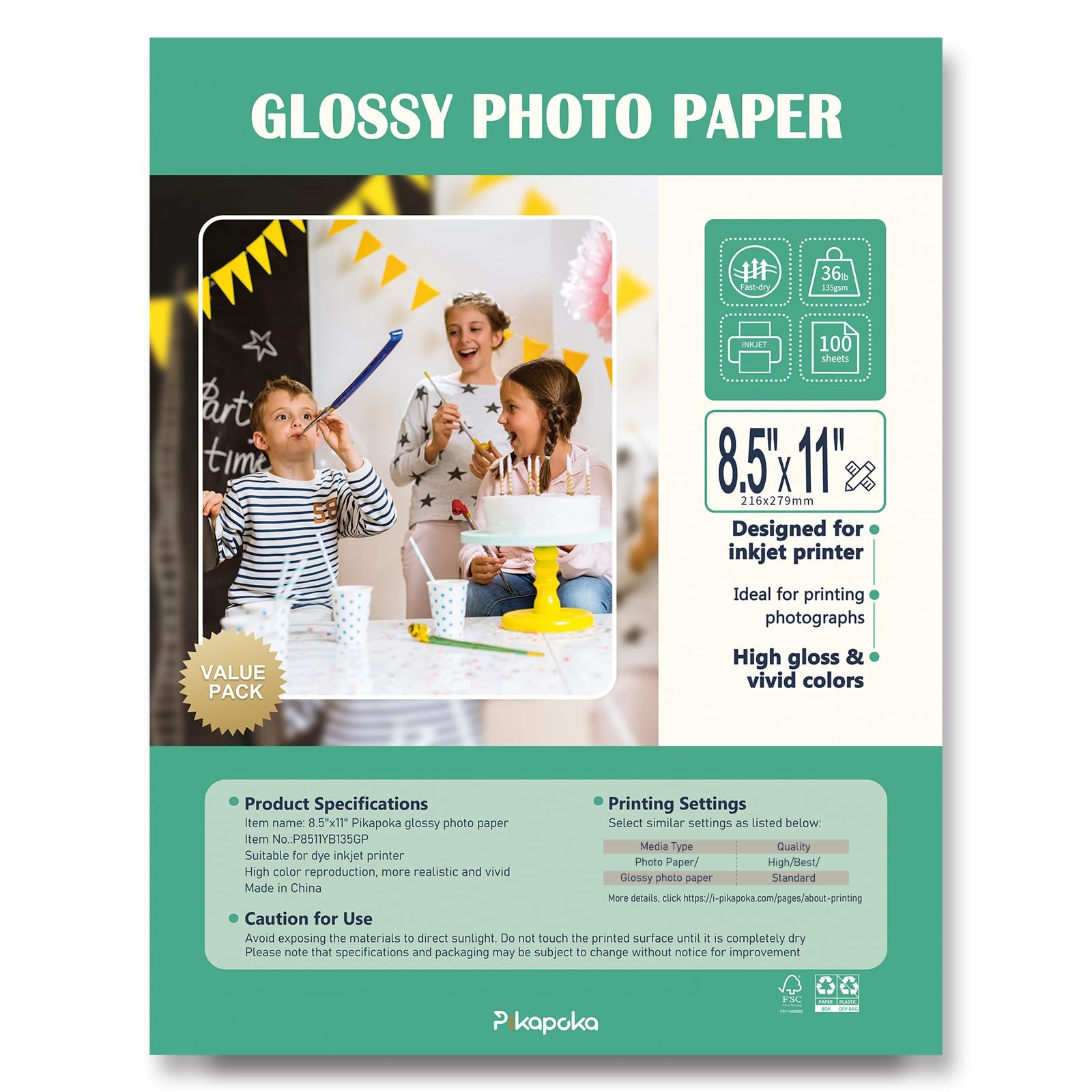 100 Pack 8.5×11 Inch Glossy Photo Paper Inkjet Printers 36lb Thin Printable
