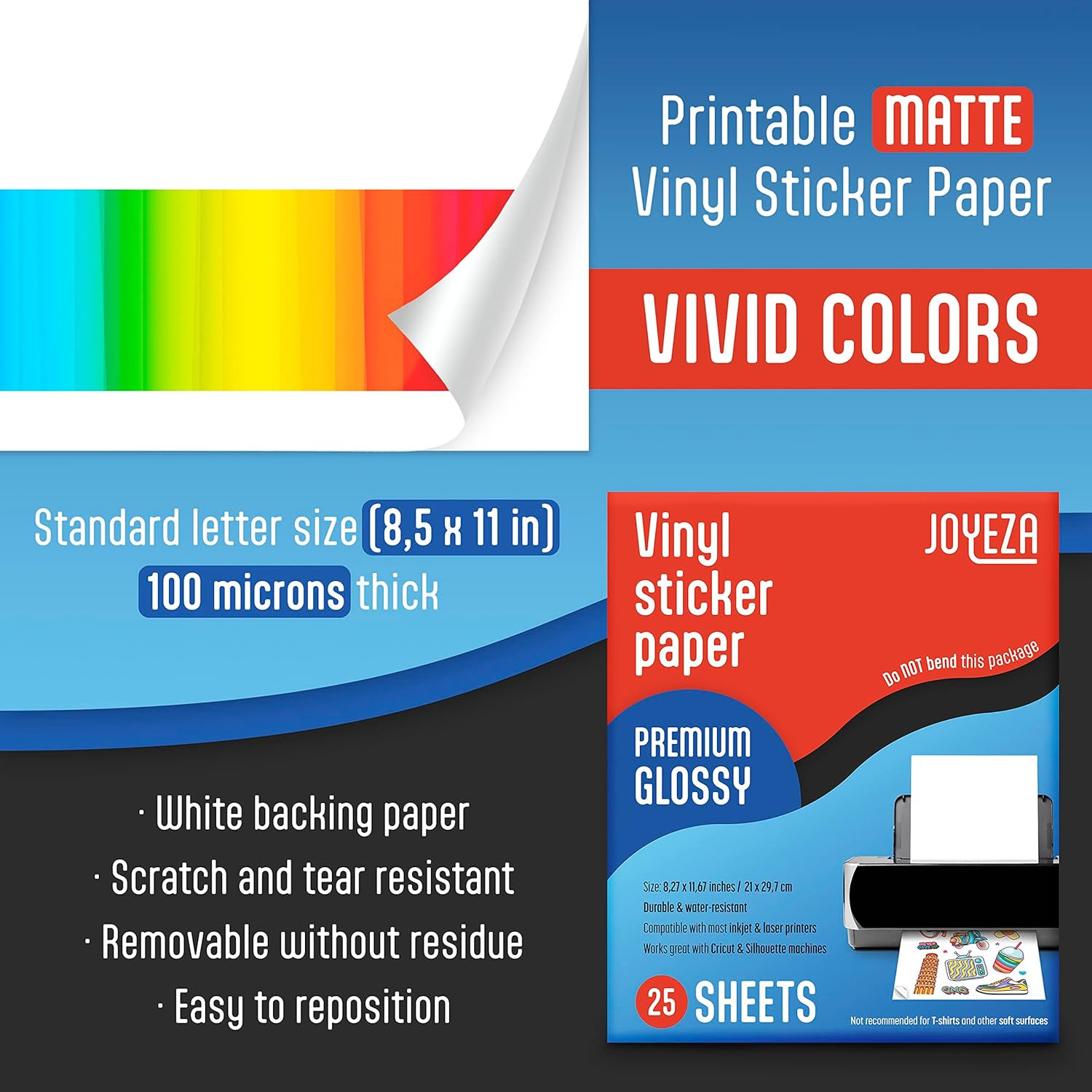 JOYEZA Premium Printable Vinyl Sticker Paper for Inkjet Printer – 25 Sheets Glos