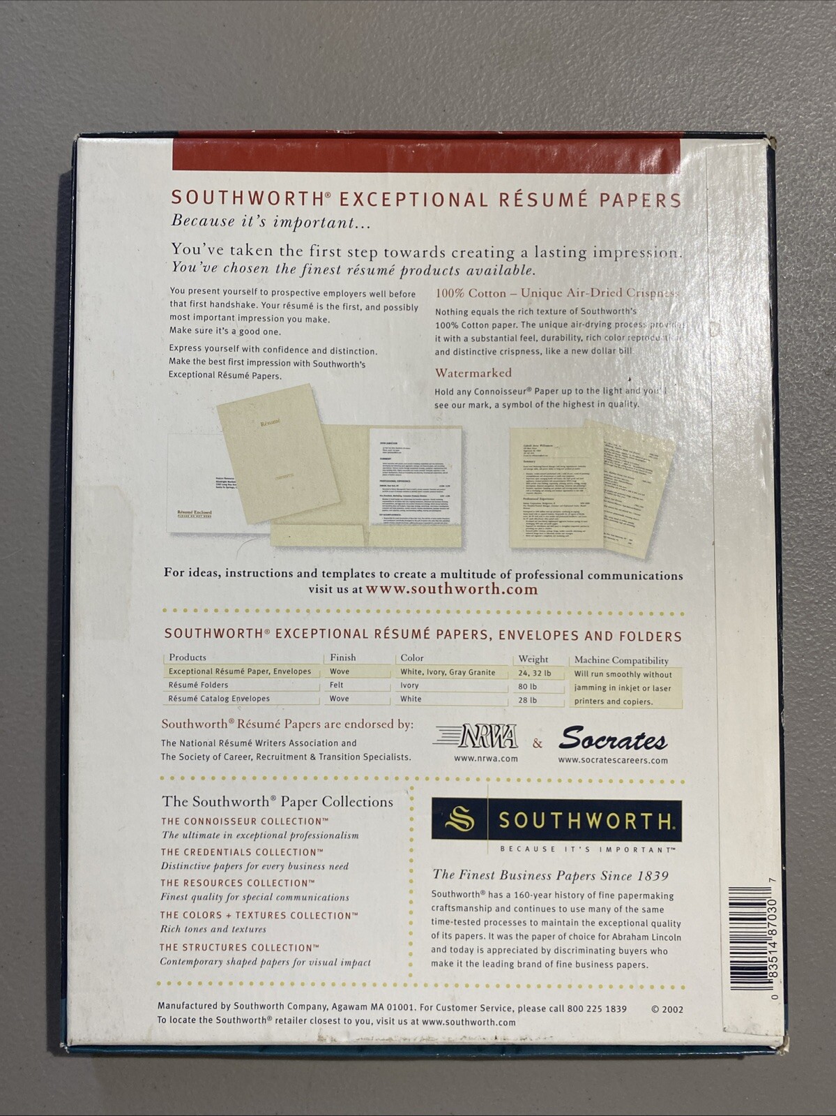 Southworth 100% Cotton Resume Paper Ivory 24 lbs. 8-1/2 x 11 Wove 100/Box R14ICF