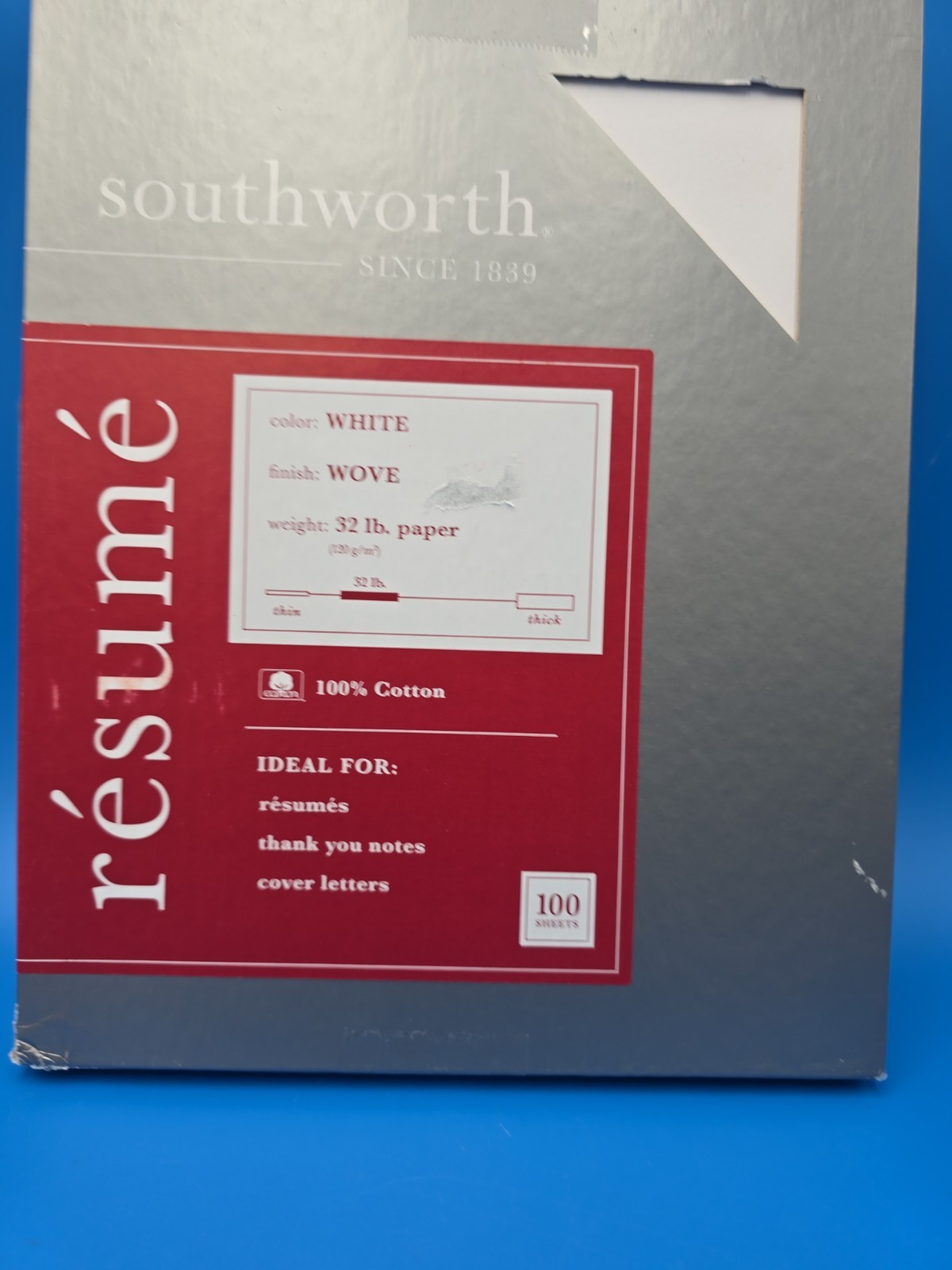 SOUTHWORTH 100 SHEETS 8.5×11 WHITE WOVE RESUME BOND PAPER 100%COTTON LASER USA