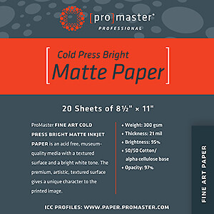 Promaster Fine Art Cold Press Bright Matte Paper 8.5″x11″ – 20 Sheets
