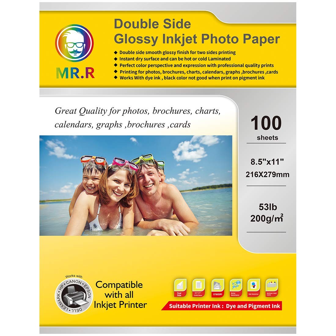 100 Sheets Double Side Glossy Inkjet Photo Paper 53LB 200gsm 8.5×11 Inch