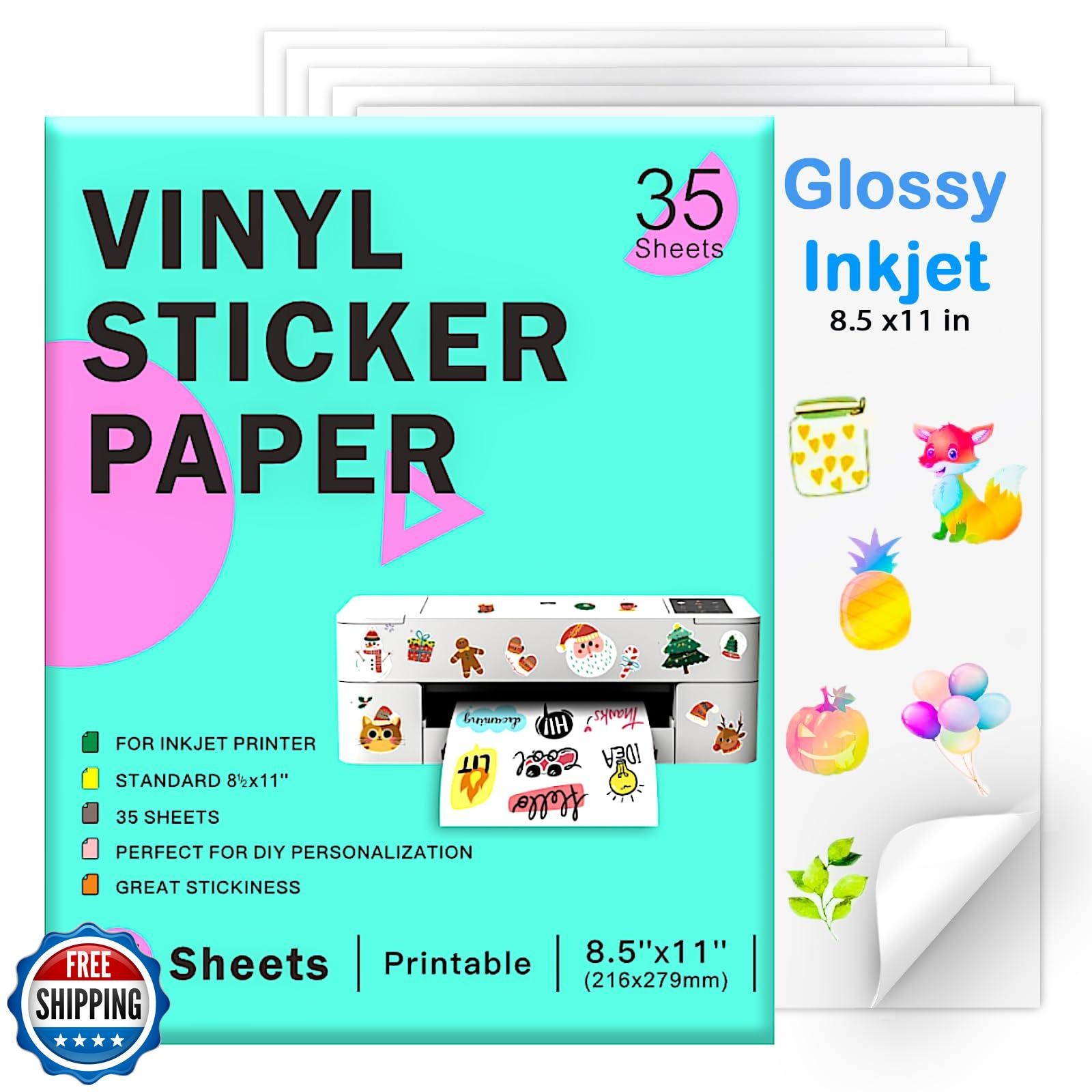 Printable Vinyl Sticker Paper for Inkjet Printer – 35 Sheets Glossy White – 8