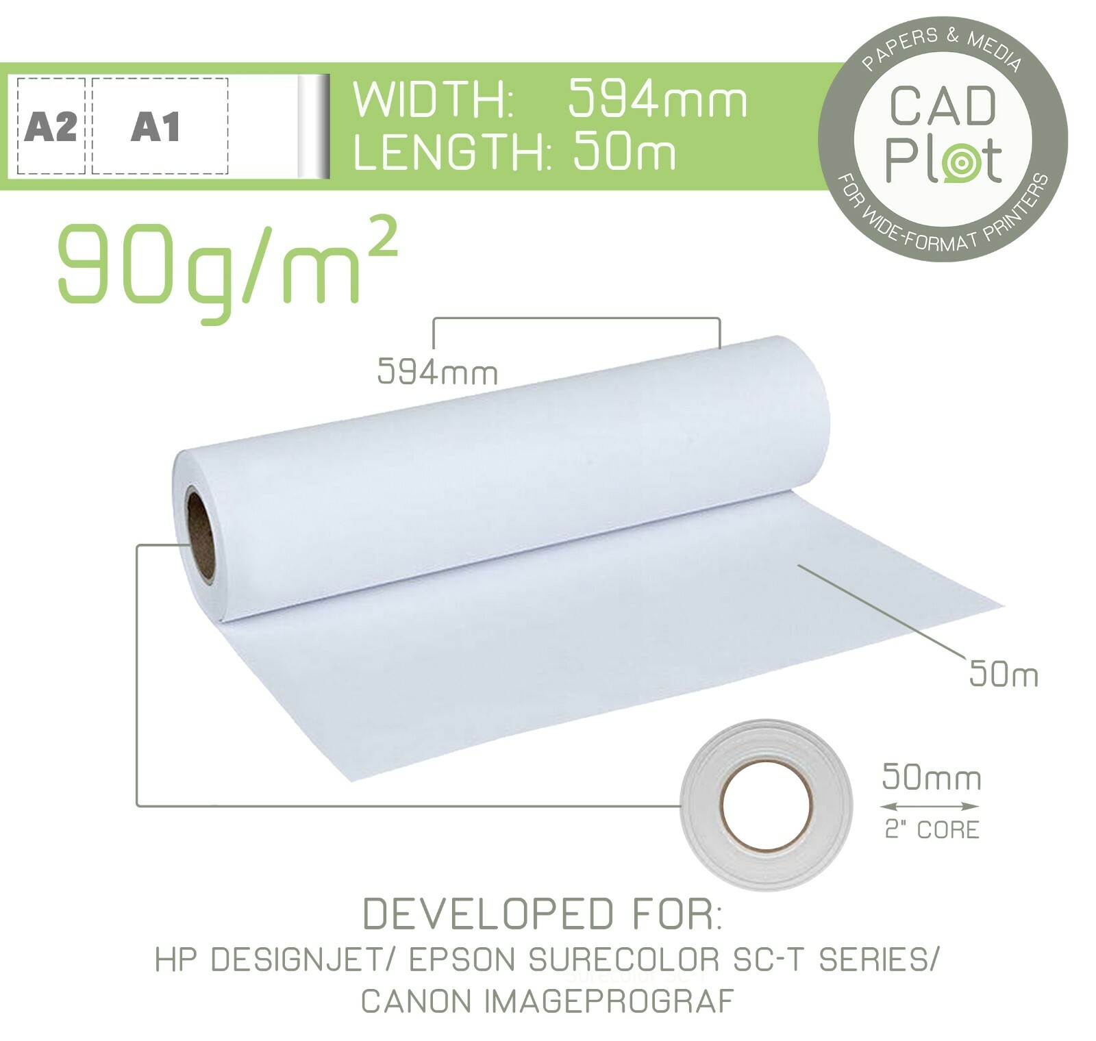 6 rolls Designjet 90gm Plotter Paper 594mm x 50m A1 Inc VAT & Express Delivery