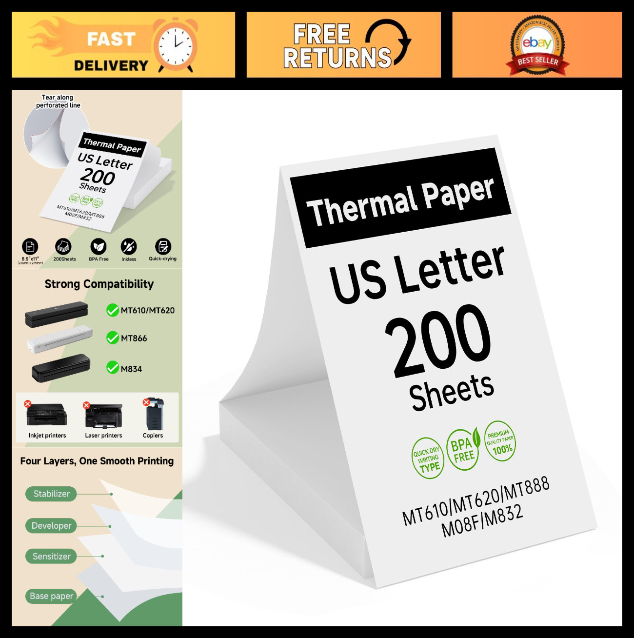 200 Sheets Thermal Printer Paper 8.5×11″ BPA-Free for Home & Business Use