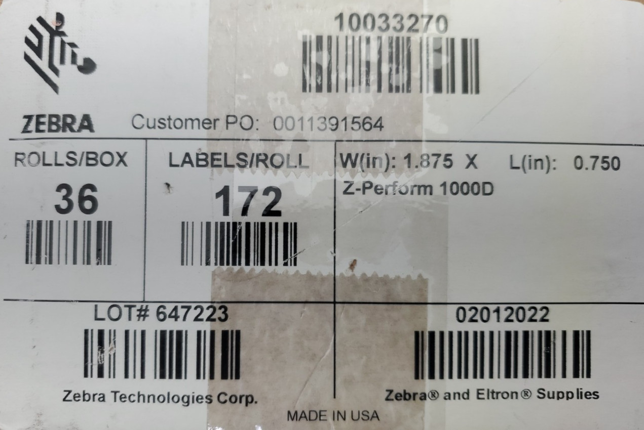 Zebra 36 Rolls 1.875″ W x 0.750″ L Z-Perform 1000D, 10033270