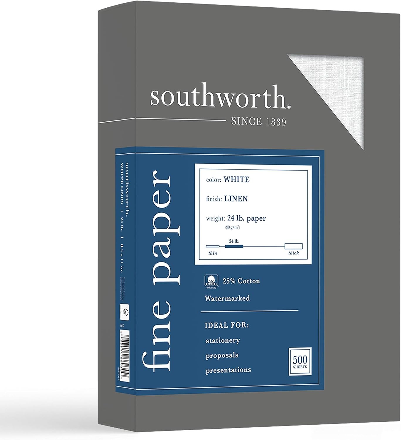 25% Cotton Business Paper 8.5 x 11″ 24 lb/90 GSM Linen Finish White 500 Sheets