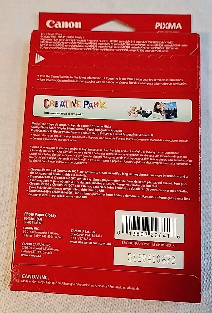 Canon Photo Paper 4” x 6″ 50 sheets Glossy GP-601 8649B001