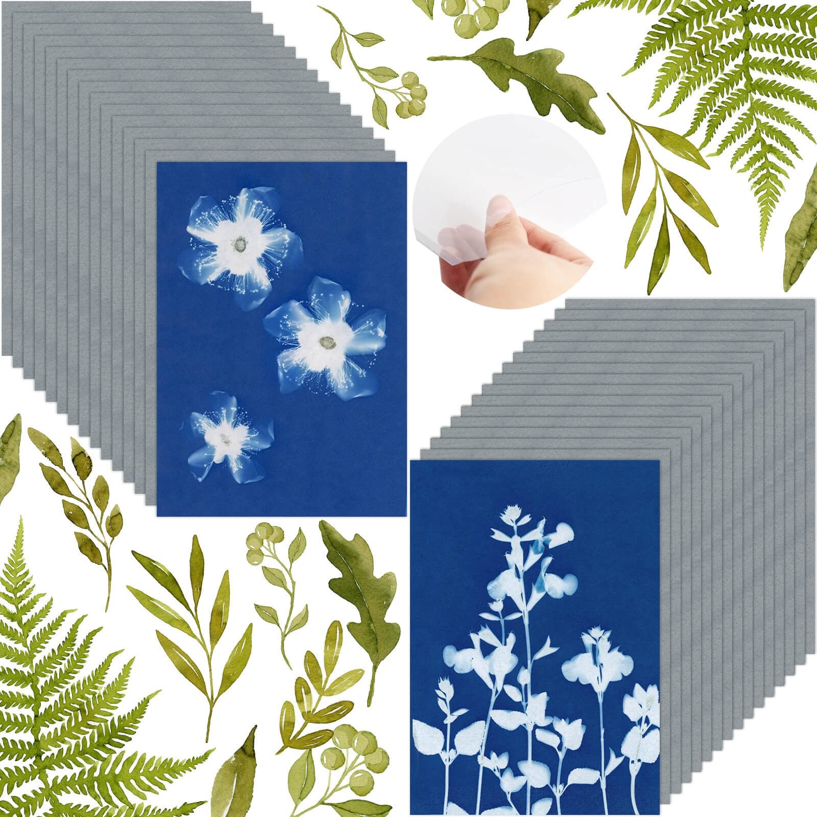 AIQINHU Sun Print Paper Cyanotype Paper Kit, 32 Sheets Sun Art Paper with 1 Plas