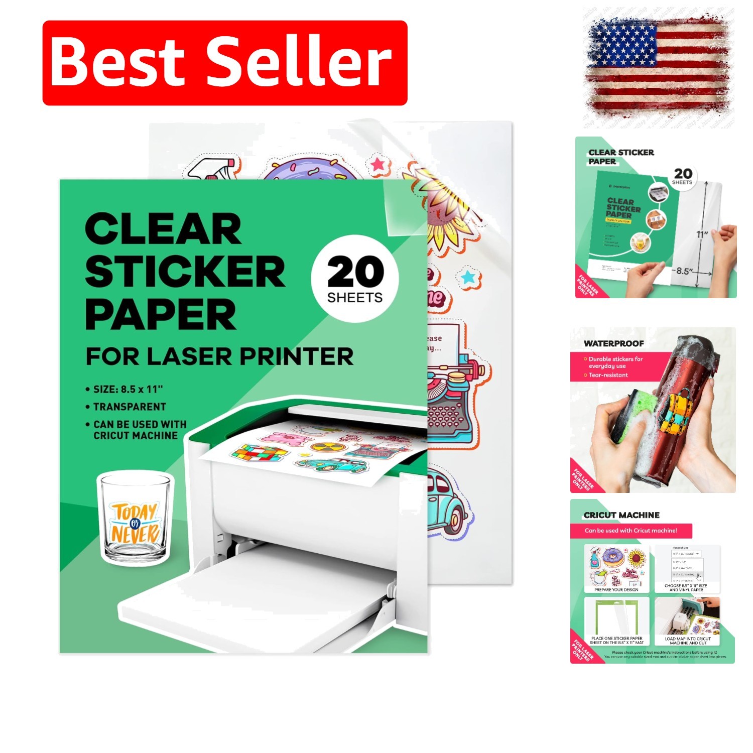 Clear Sticker Paper for Laser Printer – 20 Sheets, 8.5 x 11″ Letter Size, Glo…
