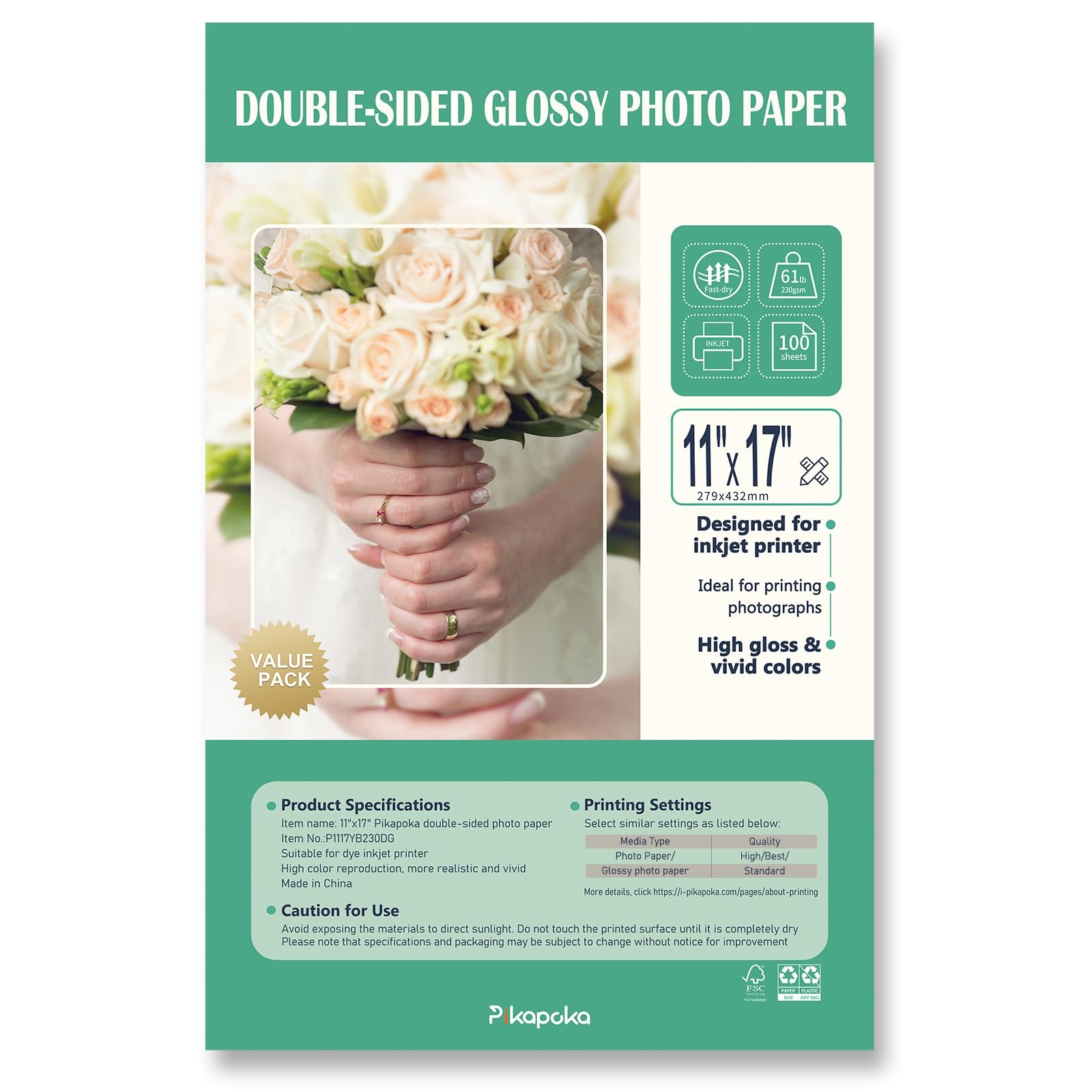 Double Sided Glossy Photo Paper 11×17 Inch 100 Sheets 61lb Thick Cardstock