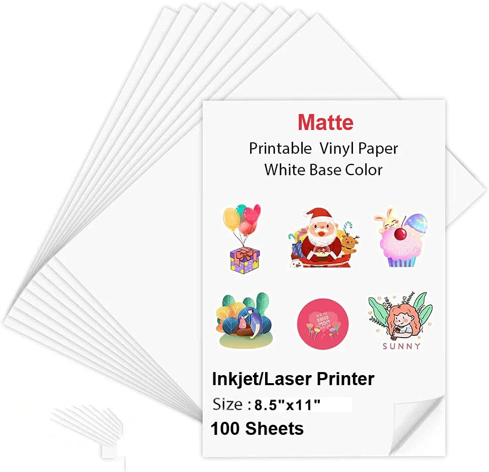 100 Printable Vinyl Sticker Paper Matte 8.5 x 11 for Cricut Inkjet Laser Printer