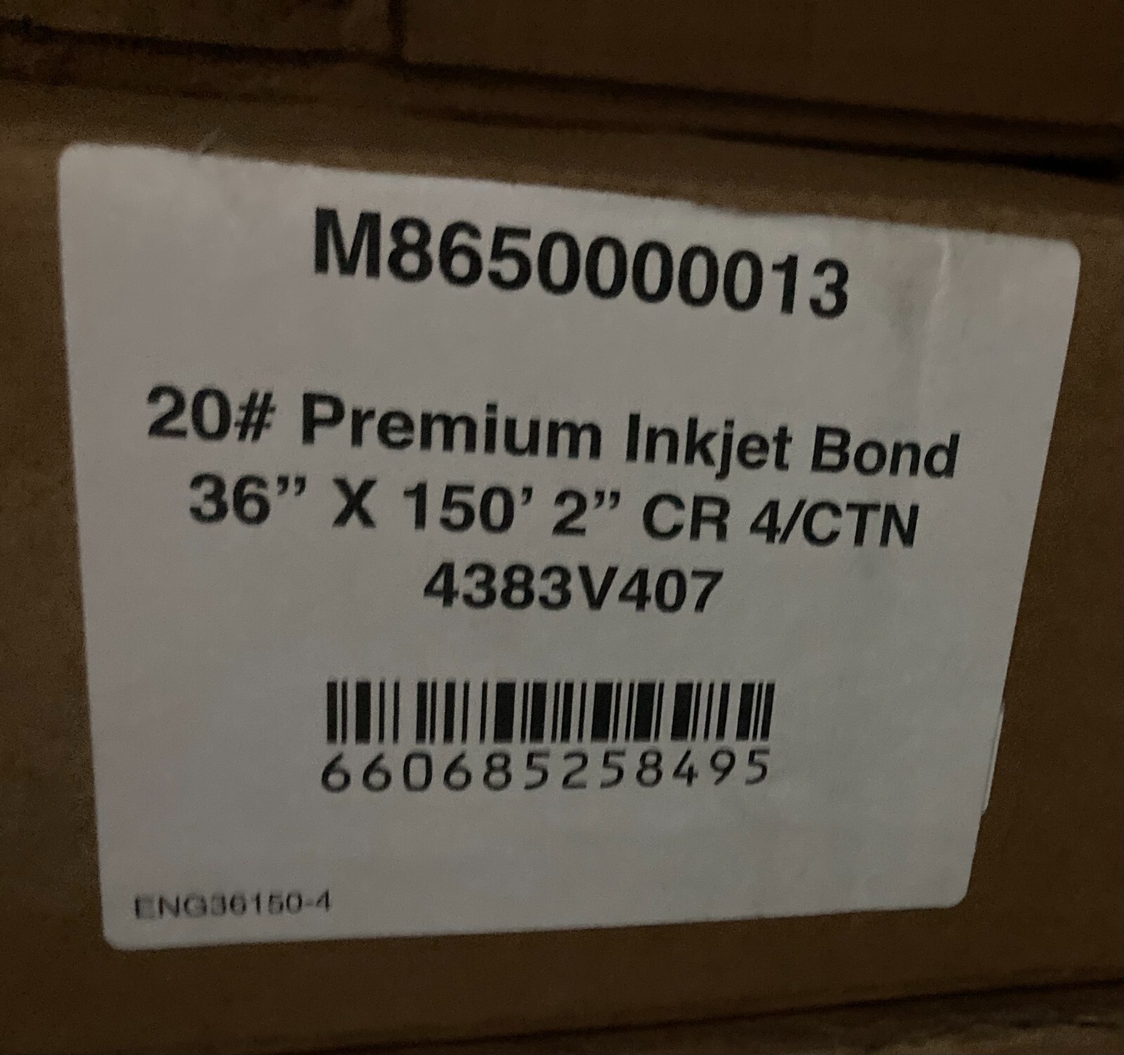 20LB Premium Inkjet Bond Paper 2”, 36”x150′ Foot 4 ROLLS- 4383V407