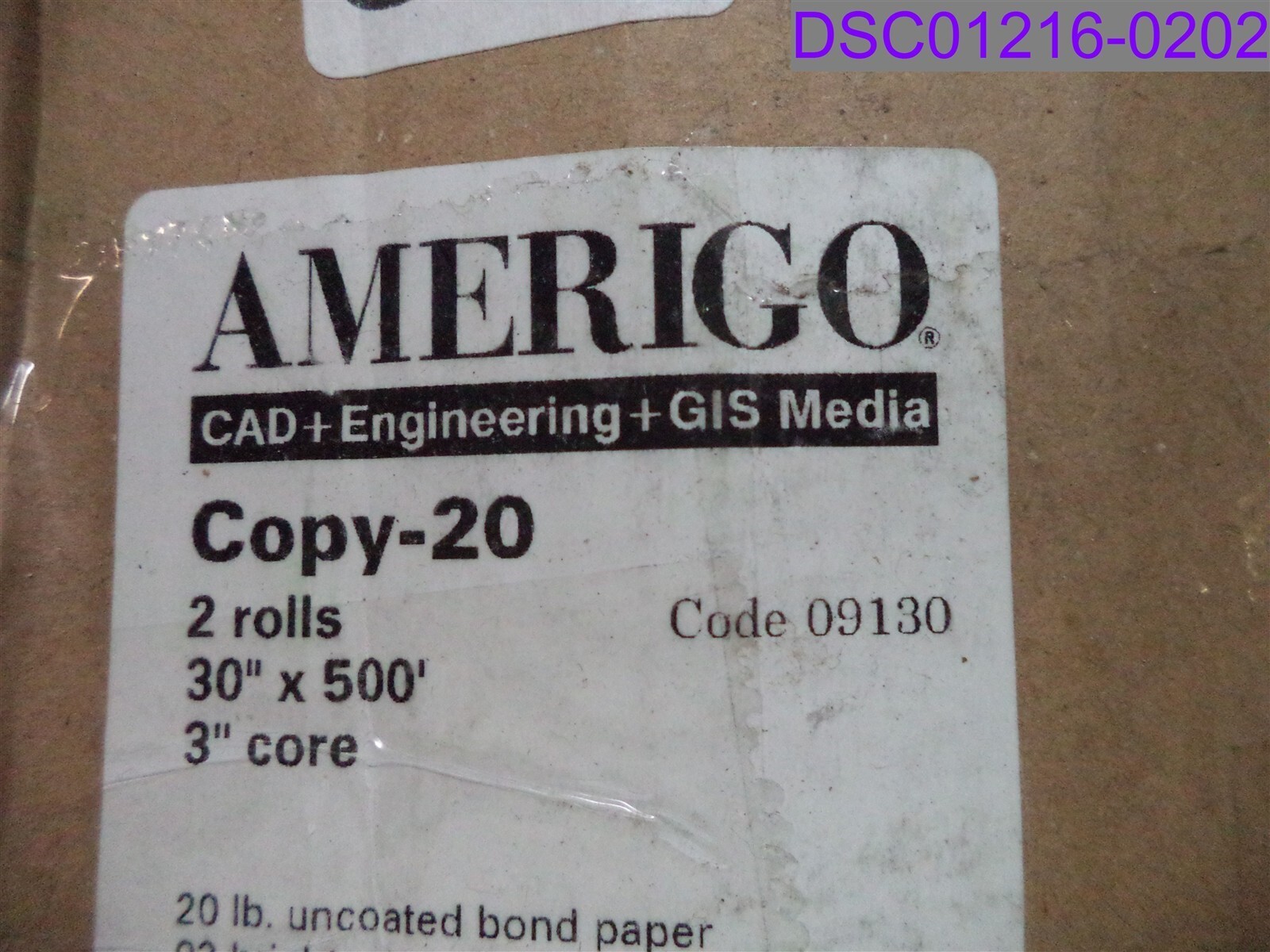 Qty= 2 Rolls: Amerigo Wide Format Paper 20#, 3″ Core, 30″ x 500′ P/N PMC09130