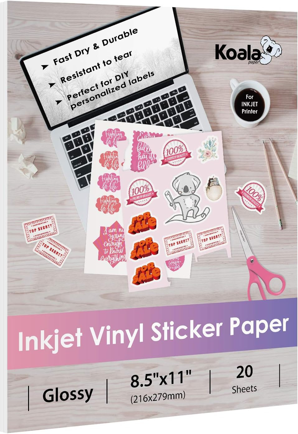 Printable Vinyl Sticker Paper for Inkjet Printers – 20 Sheets Glossy White Water