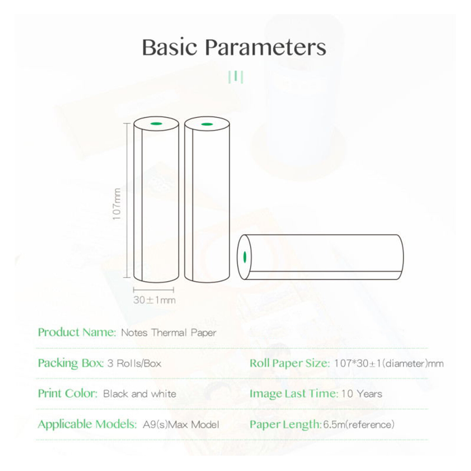 107 x 30mm Notes Thermal Paper Roll BPA-Free Non-adhesive Receipt P9J7