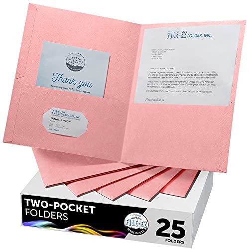 Two-Pocket Folders Color, 25-Pack, Durable Textured Paper with 25 Folders Pink
