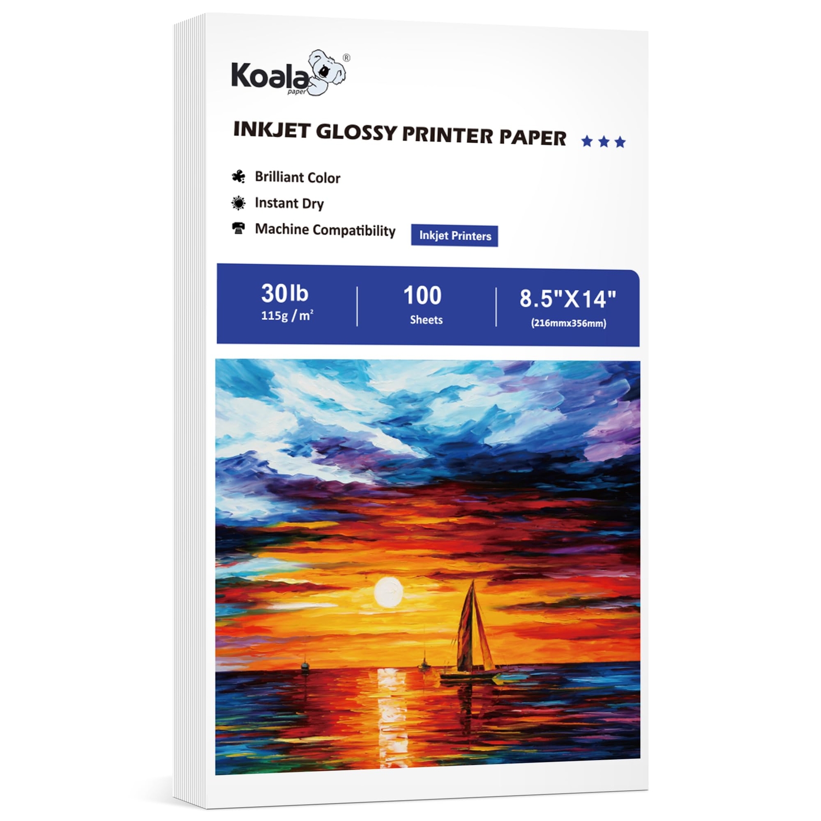 100 Sheets Koala Glossy Thin Inkjet Paper 8.5X14 Inches 30LB Legal 115gsm
