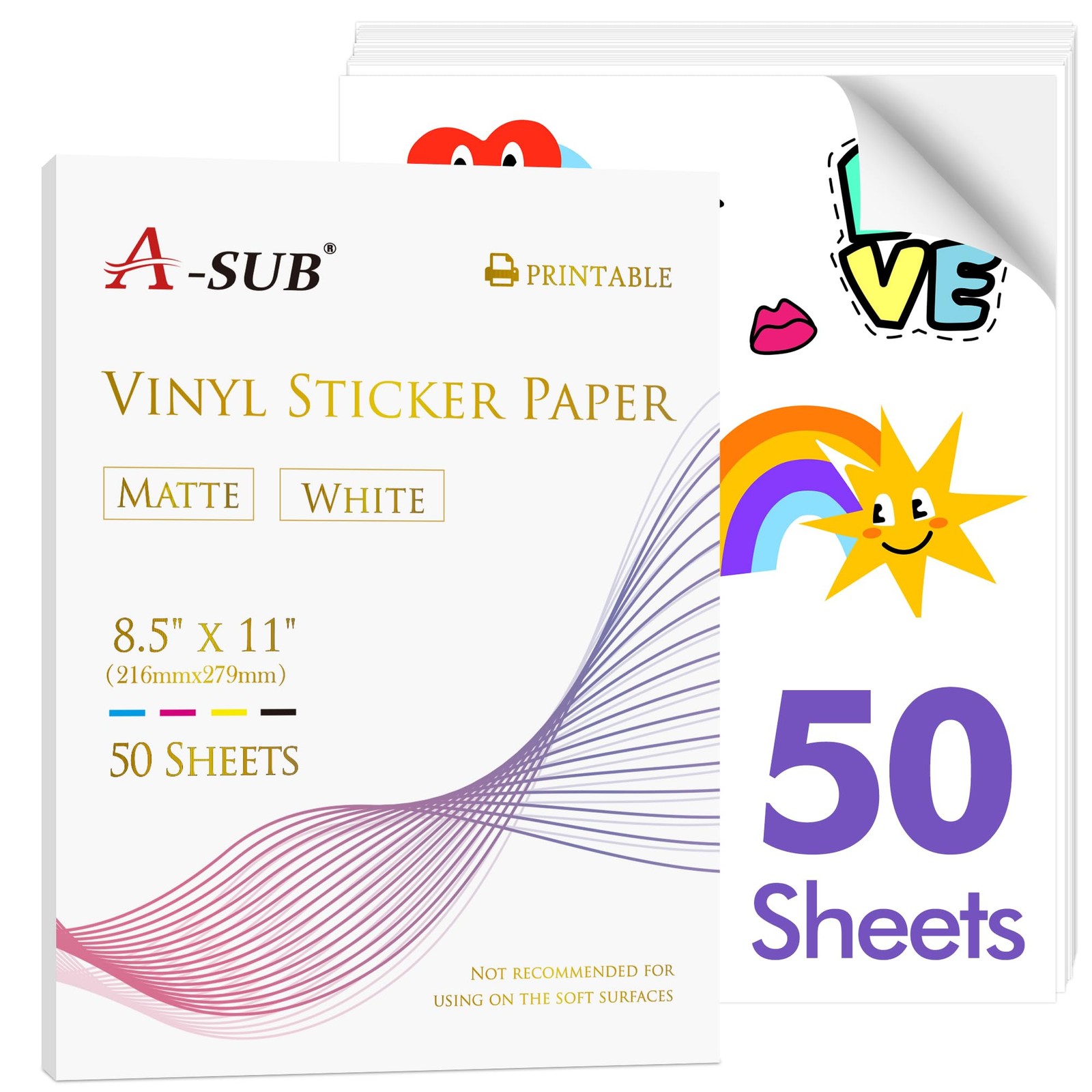 Premium Printable Vinyl Sticker Paper for Inkjet Printers, 50 Sheets Matte Wh
