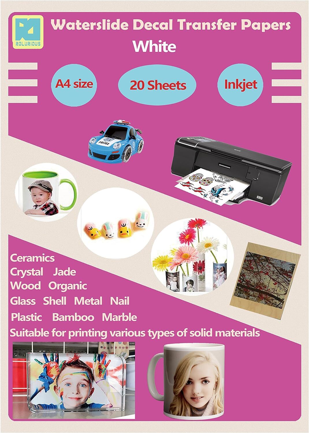 Rolurious 20 Sheets A4 Inkjet Water Slide Decal Transfer Paper DIY Sheets White