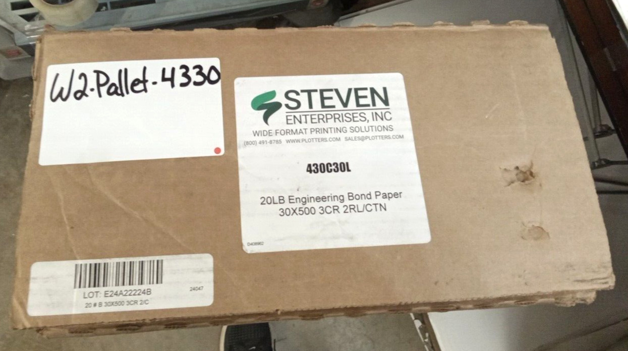 Steven Enterprises 430C30L Engineering Bond Paper 20LB 30″ x 500′ Roll 3CR 2pk