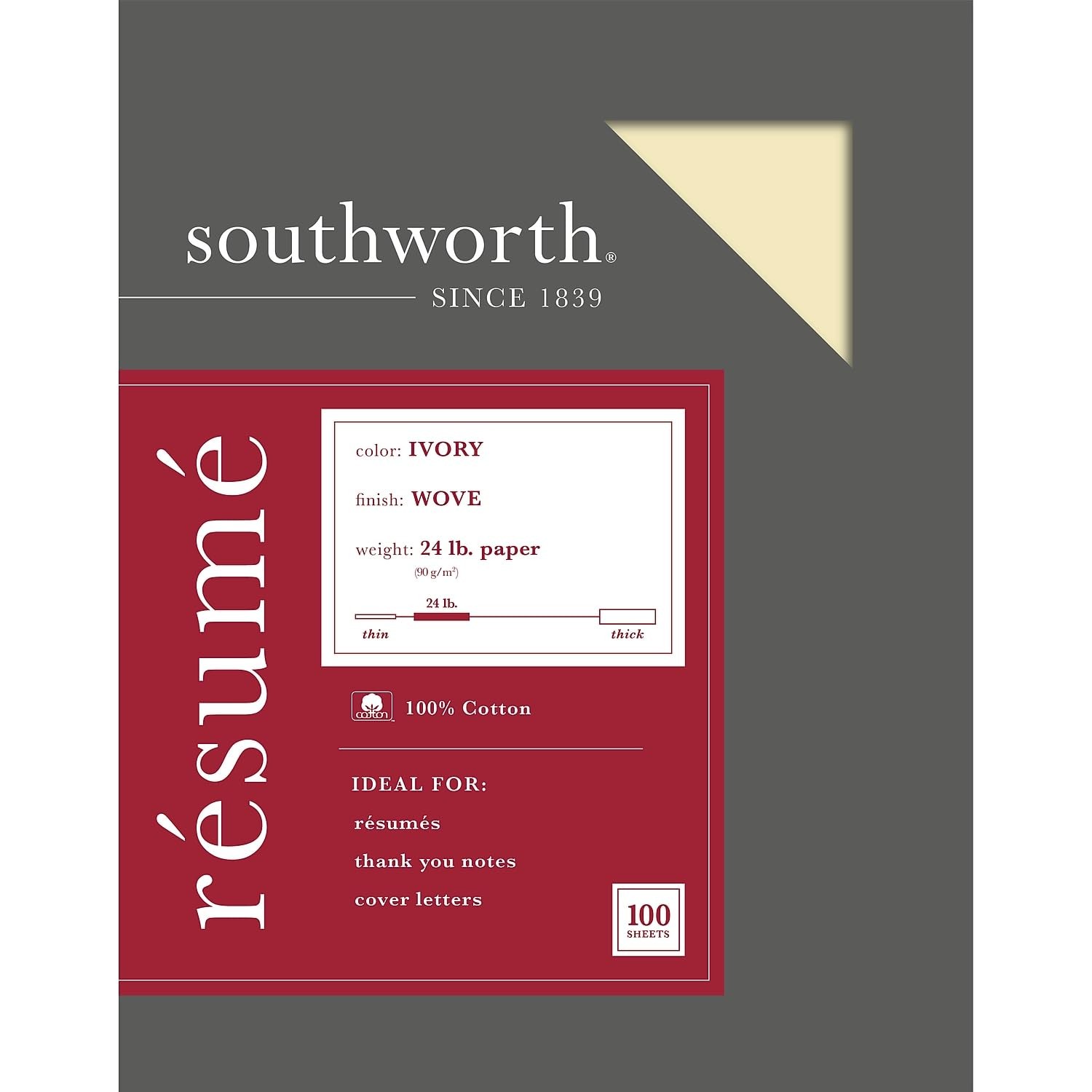 100 Cotton Resume Paper 8-1/2 x 11 Inch 24 Lb Ivory Recycled 100 Pack