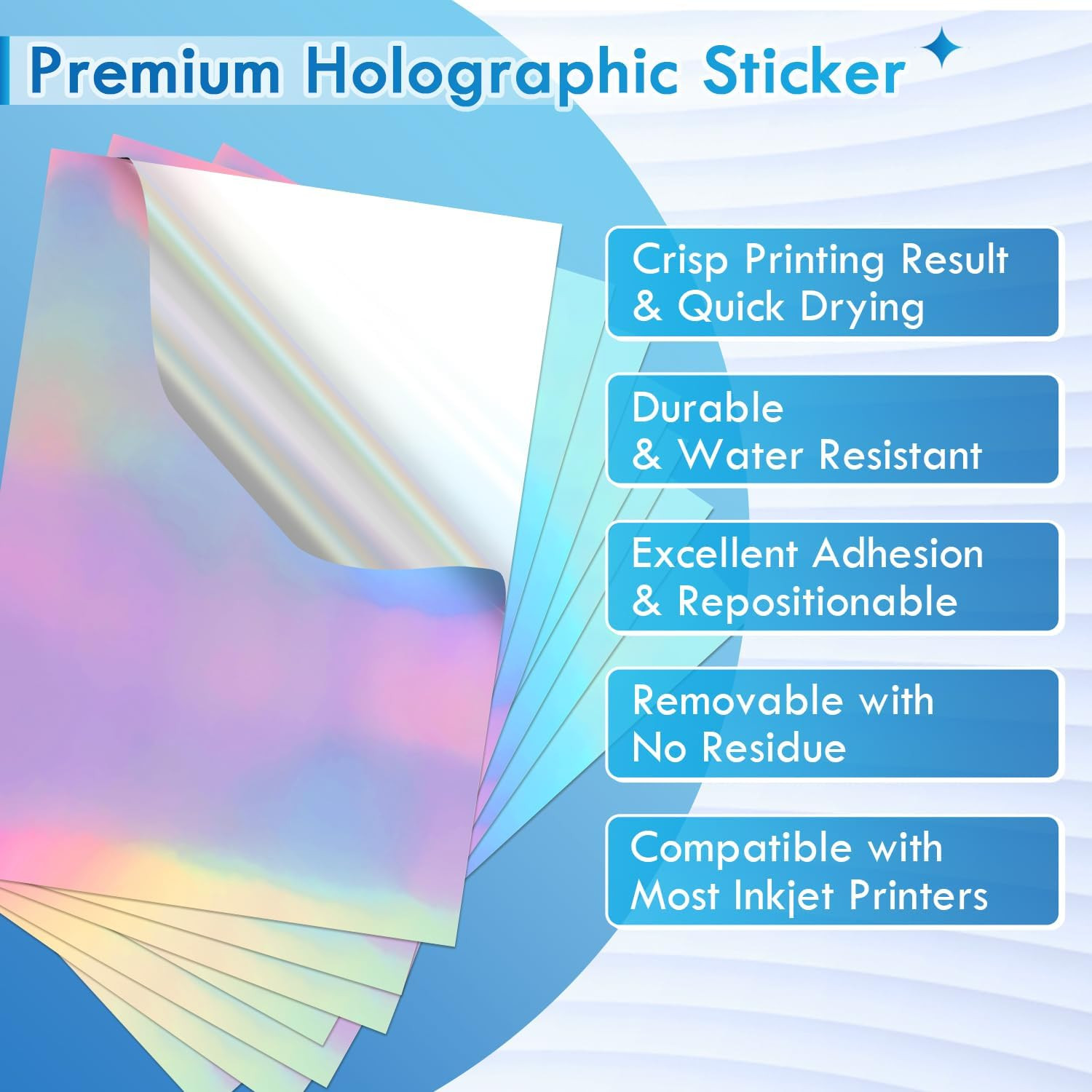 Koala Holographic Sticker Paper for Inkjet Printer – 20 Sheets 8.5X11 Inch, Rain