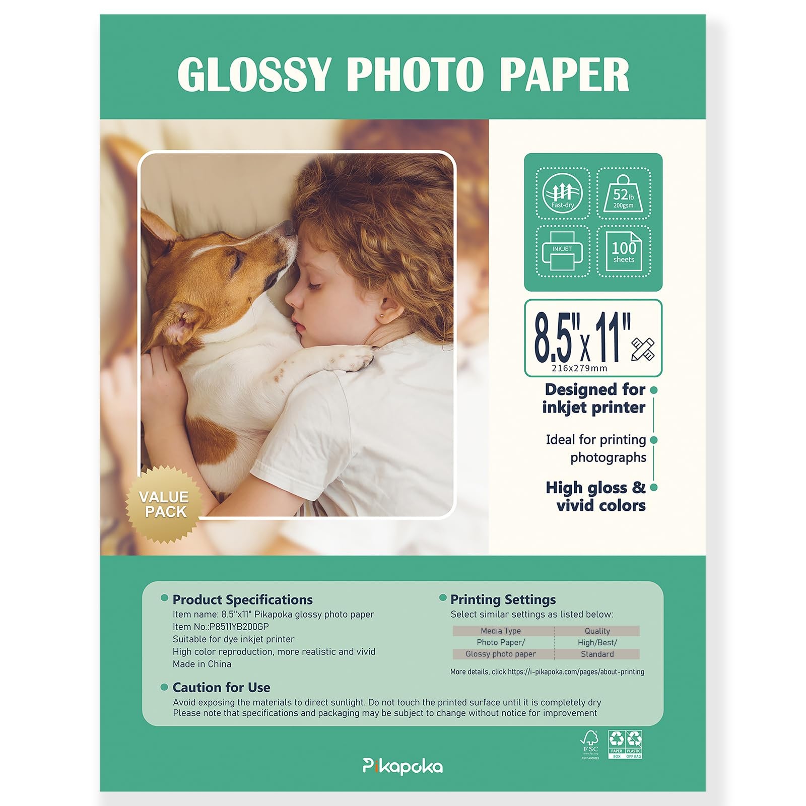 100 Sheets 8.5×11 Inch Glossy Photo Paper Inkjet Printer 200GSM US Letter